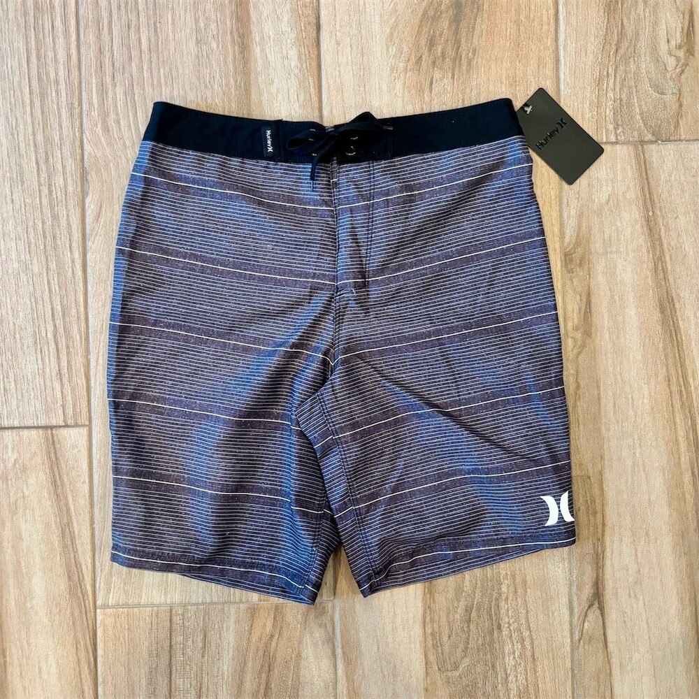 Hurley Boys Boardshorts Swim Trunks Gray/Black Striped Drawstring Size 14